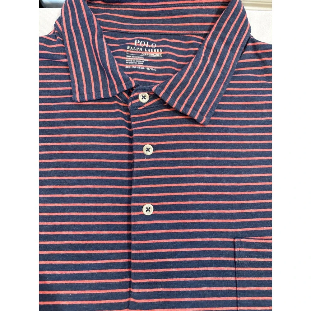 Polo Ralph Lauren Performance Mens 3XB Striped Pocket Polo Shirt Navy Salmon